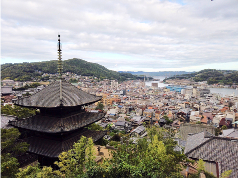 写真:街を見下ろしています。天寧寺 海雲塔や、たくさんの家や、海と山が写っています。